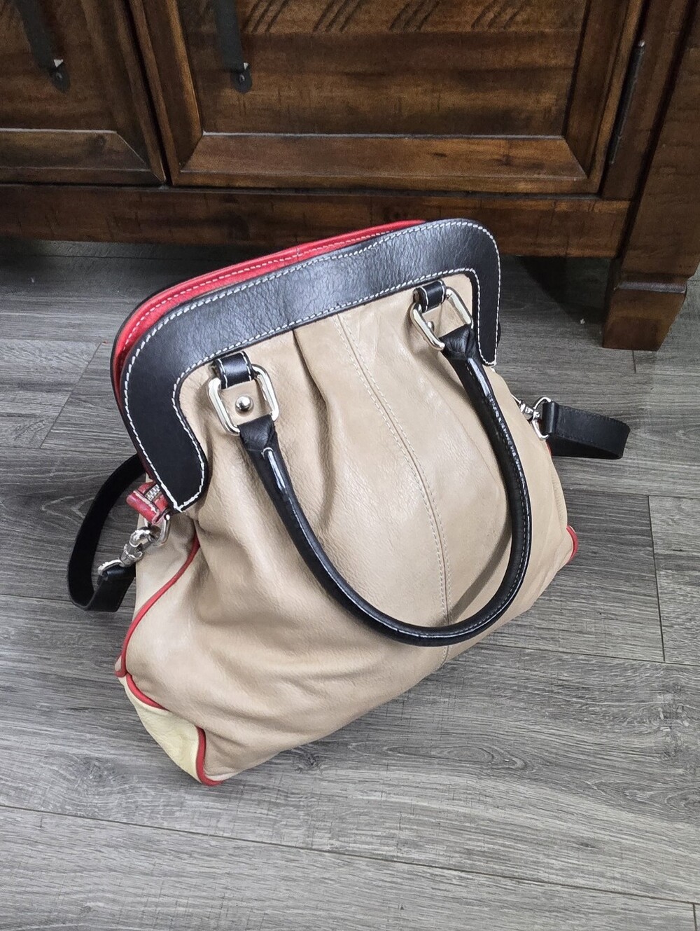 Made in Italy Genuine Leather Satchel Handbag Beige Black Red Shoulder Bag - Picture 4 of 11